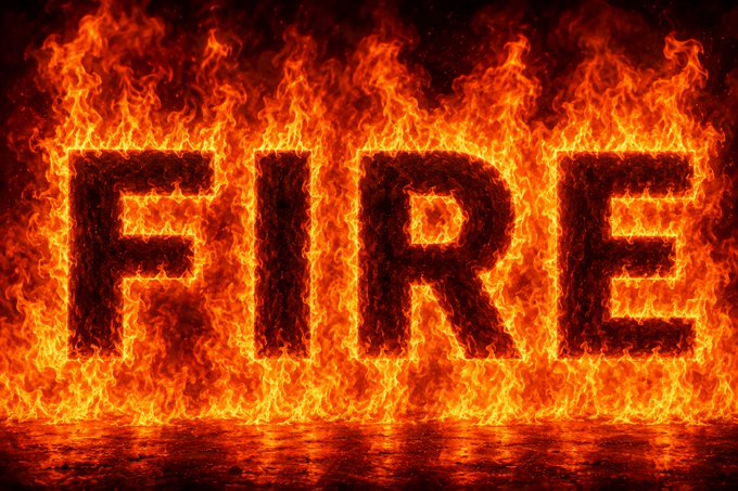 The word "FIRE" displayed in large block letters engulfed in flames against a dark background.