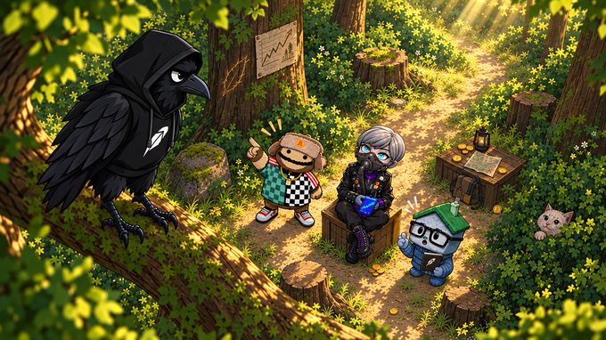 A digital illustration depicting a black raven-like character alongside chibi-style figures, a small goblin wearing glasses, and a kitten in a sunlit forest path with a stock chart visible on a tree.