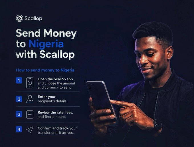 Advertisement for Scallop showing a man using a phone with text 'Send Money to Nigeria with Scallop' and four steps for sending money.