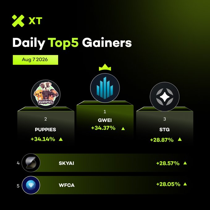 XT exchange's Daily Top 5 Gainers for Aug 7 2026 lists GWEI (+34.37%) in 1st, PUPPIES (+34.14%) in 2nd, STG (+28.87%) in 3rd, SKYAI (+28.57%) in 4th, and WFCA (+28.05%) in 5th.