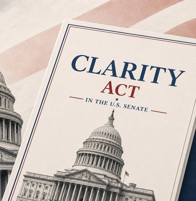 A document titled "CLARITY ACT – IN THE U.S. SENATE" is displayed against an American flag backdrop with the U.S. Capitol building visible in the background, visually representing the stalled crypto market-structure legislation whose delay has fueled bearish sentiment. The post warns that the bill's postponement could weigh on Bitcoin and broader crypto prices given already-high expectations.