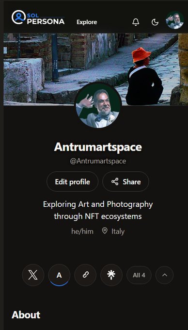 A social media profile for 'Antrumartspace' (@Antrumartspace) describes the account as 'Exploring Art and Photography through NFT ecosystems' based in Italy.