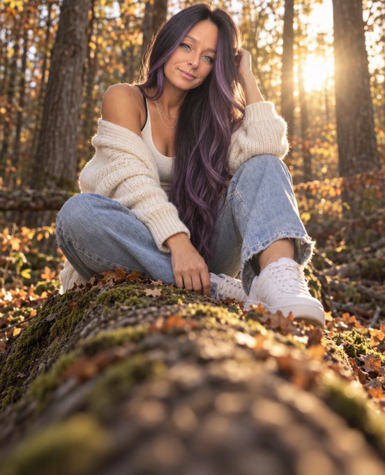 A woman with long purple-streaked hair wearing a white sweater and blue jeans, sitting on a mossy log in a forest with golden autumn sunlight shining through the trees.