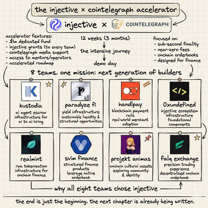 The image shows a flow chart detailing the Injective Accelerator Program (IA) that runs over eight months from start to finish with a demonstration day at the end. It lists various teams such as ai, kuskodia, paisleyze, kuzu, project economy, and others on their logos, along with the goals they aim to achieve during the program. The post suggests it is already completed with a demonstration day and provides an explanation for the number of teams that participated, highlighting them as "the 8 teams chose".