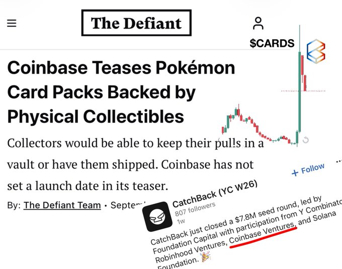 A news article from 'The Defiant' headlined 'Coinbase Teases Pokémon Card Packs Backed by Physical Collectibles' is shown with a stock chart displaying '$CARDS' and an overlaid tweet mentioning CatchBack securing a $7.8M seed round with participation from Coinbase Ventures and Solana Foundation.