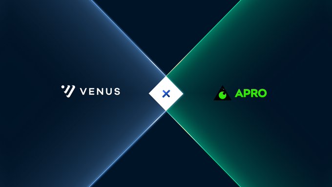 A promotional graphic featuring a dark background split by intersecting blue and green diagonal beams forming an X, displaying the "VENUS" logo on the left and the "APRO" logo on the right with a white "X" at the center, symbolizing the partnership between the two protocols.