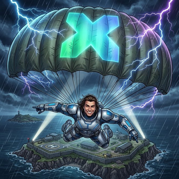 Digital artwork of a man in futuristic armor descending by parachute with a glowing 'X' symbol, over an island base surrounded by lightning and storm.
