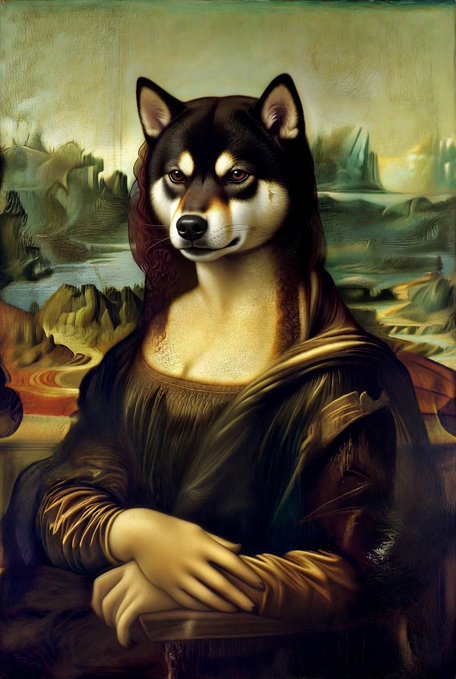 An AI-generated artistic portrait combining the Mona Lisa painting with a Shiba Inu dog's face as the subject.