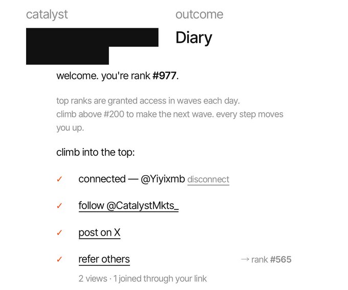 A screenshot of a 'catalyst' interface shows 'outcome Diary' with the message 'welcome. you're rank #977,' noting top ranks get wave access above #200, and lists tasks like connecting @Yiyixmb, following @CatalystMkts_, posting on X, and referring others, showing current rank #565.