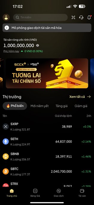 A screenshot of a cryptocurrency trading app in Vietnamese showing a balance of 1,000,000,000 VND and market data for SXRP, SETH, SNB, SBTC, and STRX.