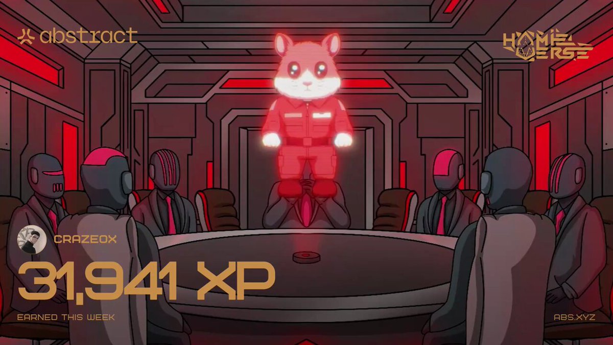 The image features a cartoon scene of a group of people sitting around a table, with one person standing out as wearing a red suit and holding a red object that appears to be a hamster or a stuffed animal. The background shows a room with neon lights, giving the impression of a futuristic setting. The post is titled "31,941 XP" and has an image of a hamster on it, suggesting that this event might be related to a game or competition involving points or XP.