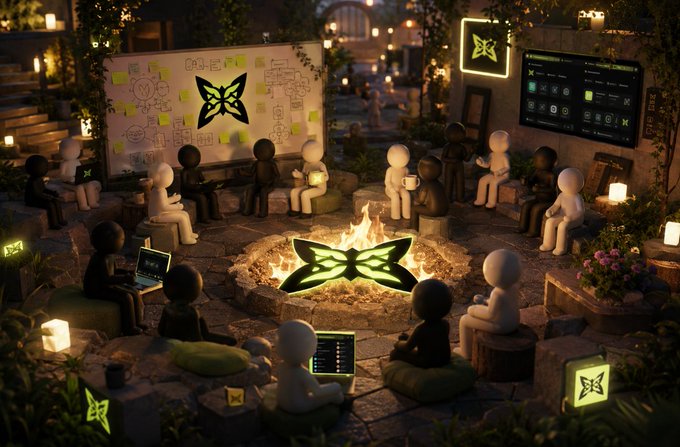 A whimsical, dimly lit scene of small 3D figures gathered around a glowing fire pit, with a butterfly logo displayed on a whiteboard and other screens.