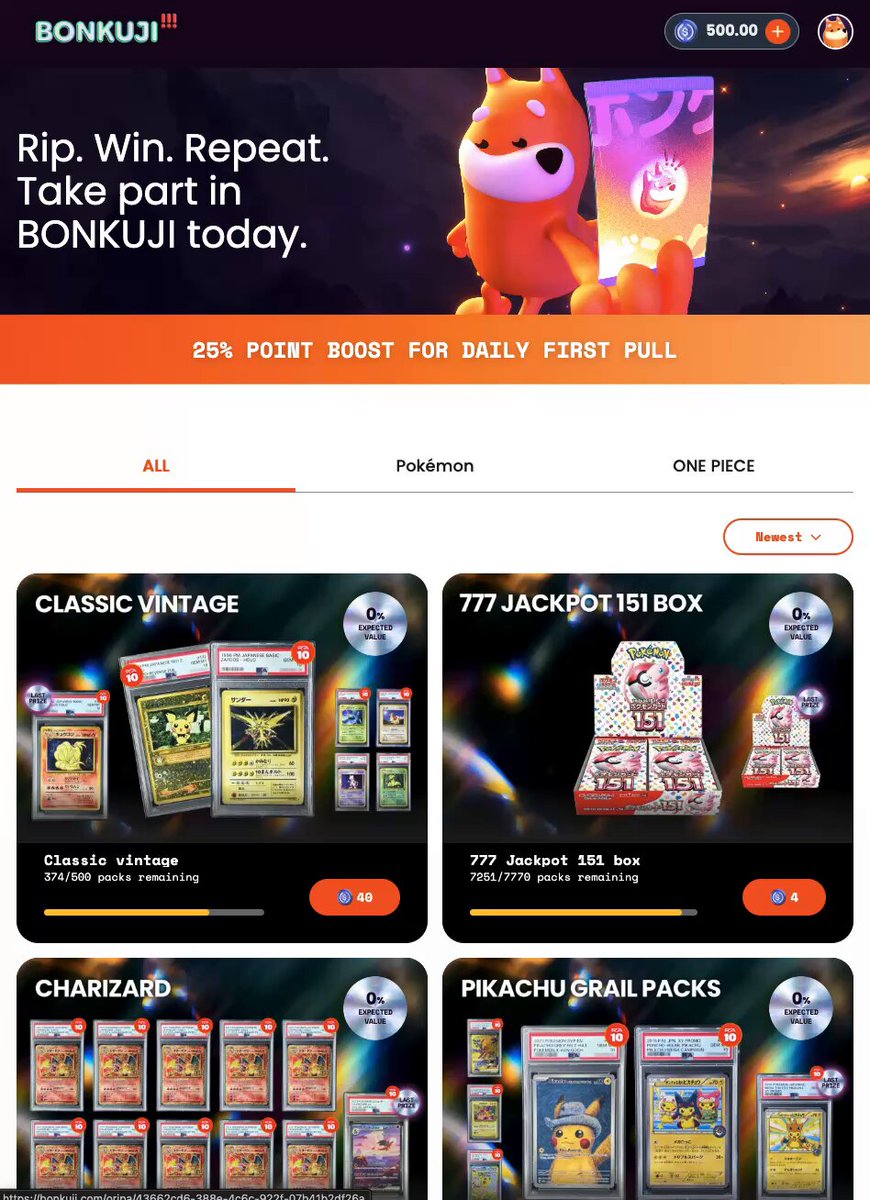 The image features a website page dedicated to Pokémon trading cards, showcasing multiple decks for collectors to view and purchase. The web page includes various Pokemon names and their corresponding packs. The most prominent feature of the image is the meme about Pokémon, which features a cartoon dog holding up a sign that says "BONKUJI", possibly representing a new product or promotion related to the Pokémon trading cards.