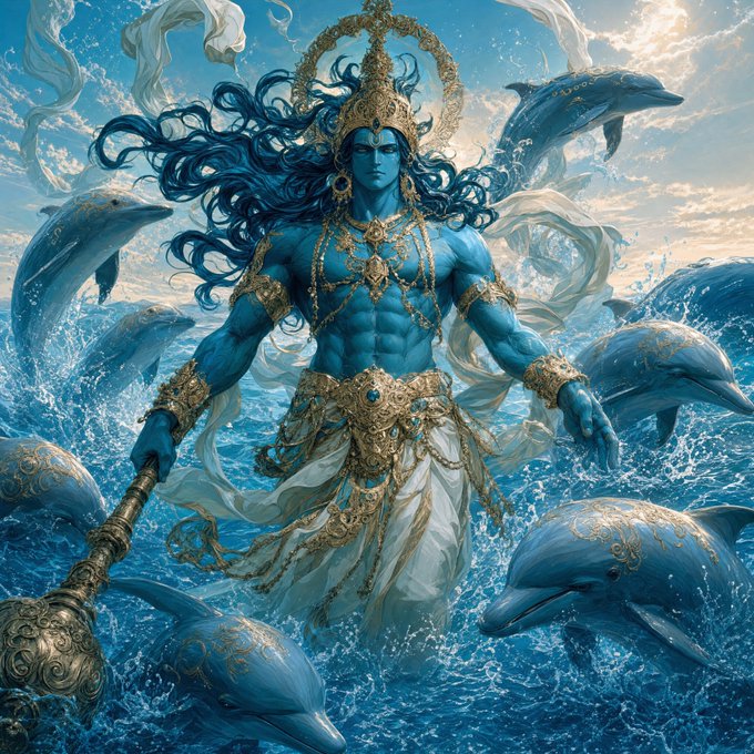 A blue-skinned, mythological figure resembling the Hindu god Indra—surrounded by leaping dolphins, crashing waves, and flowing fabric, wearing ornate golden armor and a towering crown—stands triumphantly atop churning ocean waters. The image visually echoes Indra's name and the post's message by evoking themes of swift, fluid movement and powerful command, mirroring how Liquid users can quickly and effortlessly swap L-BTC to Lightning for fast, small everyday payments up to 125k Sats.