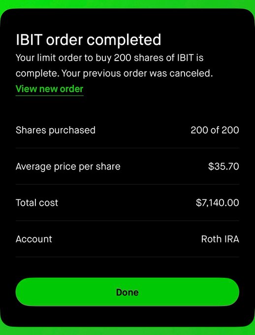 A screenshot of a Robinhood confirmation screen showing a completed purchase of 200 shares of IBIT at an average price of $60.05, totaling $12,010.00. The image illustrates the speculative post's vision of IBIT becoming a "wrapper for Bitcoin everywhere," with the user's direct stock purchase serving as a concrete example of retail access to Bitcoin via the ETF ticker.