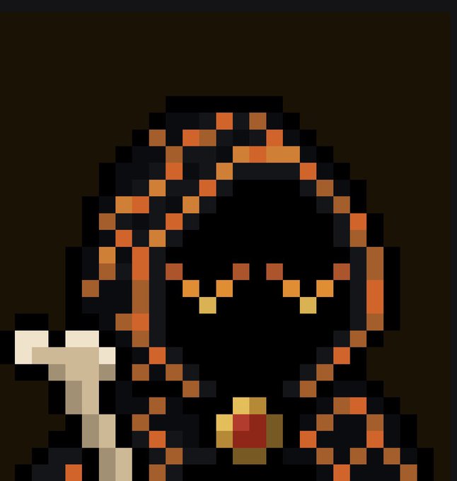 A pixel art rendering of a hooded figure with glowing orange eyes and a red accent on their chest, holding what appears to be a small object.