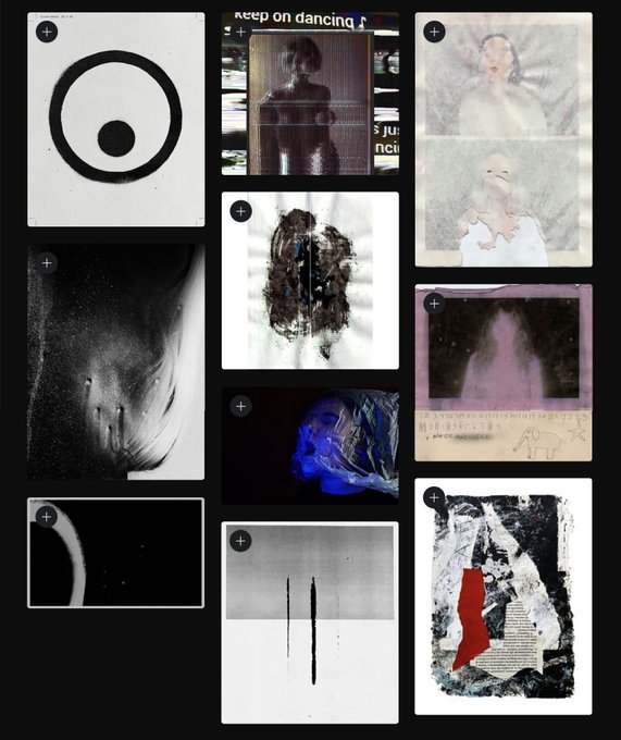 A dark collage of various artistic and abstract images, including a black-and-white eye motif, a figure with the text 'keep on dancing', a mysterious dark face, a blue rose, and other textured compositions, all with small '+' icons in the corners.