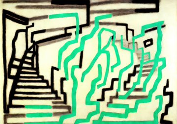 Since the image contains no readable text, numbers, or recognizable format of ticker or any names, I cannot write a caption to describe those elements. However, if you would like a caption describing what is in the image, you could use, "Maze of blurred staircases highlighted in green hinting at a symbol of climbing the career ladder, without the pressures of society."