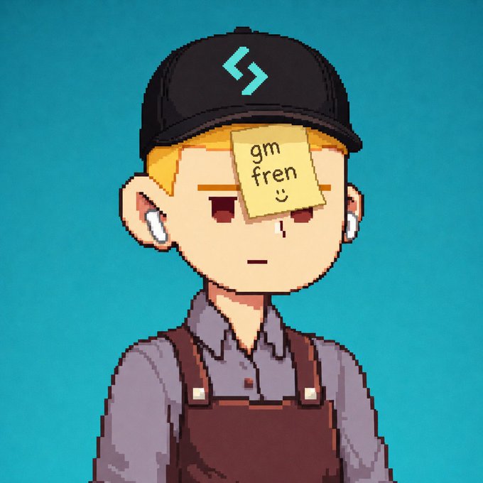 A pixel art illustration of a blonde-haired character wearing a black cap with the Solana logo, white earbuds, and brown overalls, with a yellow sticky note on their forehead reading 'gm fren :)' against a teal background.