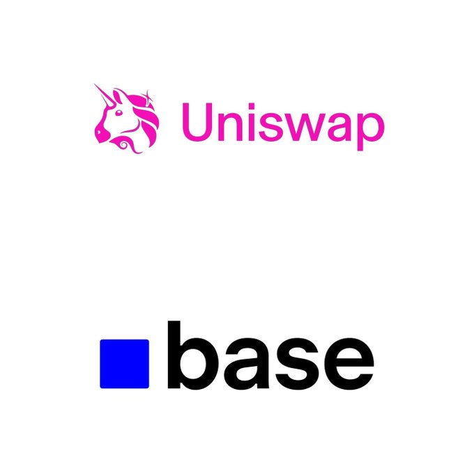 Two cryptocurrency brand logos are displayed: the pink unicorn logo of Uniswap at the top and the blue square logo of Base below it.