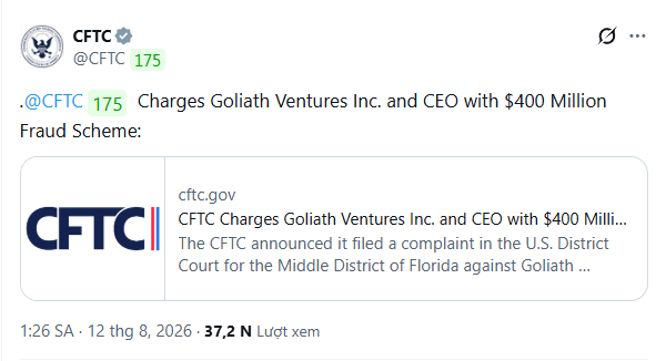 A screenshot of a tweet from @CFTC announcing charges against Goliath Ventures Inc. and its CEO in a $400 million fraud scheme.