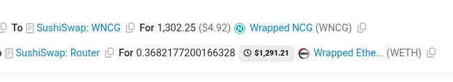 Screenshot of cryptocurrency transactions on SushiSwap, showing a trade of 1,302.25 WNCG (Wrapped NCG) and a router fee of 0.3682177200166328 WETH worth $1,291.21.