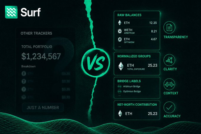 The image is a promotional graphic comparing "Other Trackers" (left side, showing a vague $1,234,567 total portfolio labeled "JUST A NUMBER") versus Surf's approach (right side, displaying detailed Raw Balances like ETH 12.35, WETH Arbitrum 8.21, ETH Optimism 4.67, plus Normalized Groups, Bridge Labels, and Net-Worth Contribution metrics emphasizing Transparency, Clarity, Context, and Accuracy).

This visualizes the technical question raised in the post—Surf's interface is designed to distinguish between native ETH, wrapped ETH on different chains (like Arbitrum WETH), and bridged ETH across L2s, rather than naively summing them into a misleading inflated portfolio total that double-counts the same underlying asset across chains.
