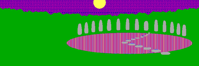A retro-style 8-bit video game scene shows a circular pink platform surrounded by gray pillars in a green landscape under a yellow sun and purple sky.