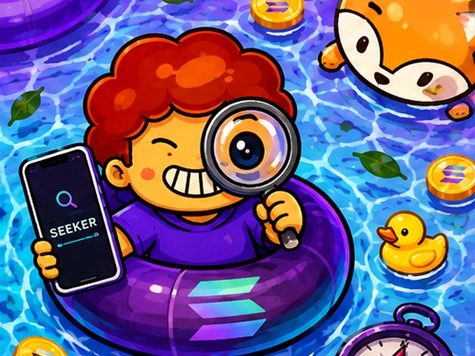 A colorful cartoon illustration of a red-haired boy in a pool holding a magnifying glass and a phone labeled 'SEEKER', surrounded by floating coins, a fox, and a rubber duck.
