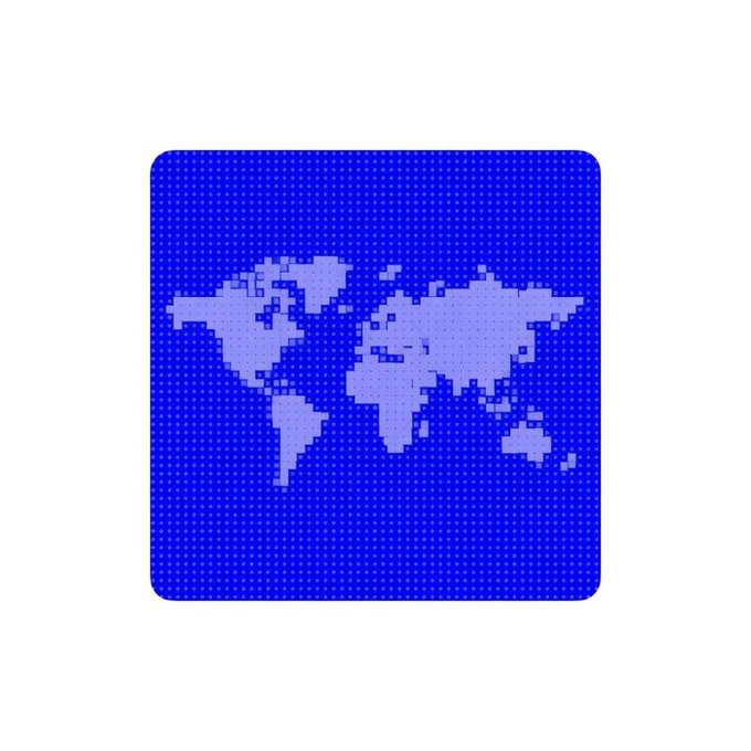 A pixelated world map rendered in light blue on a dark blue dotted background visually reinforces the message "Base is global," symbolizing worldwide reach and presence.