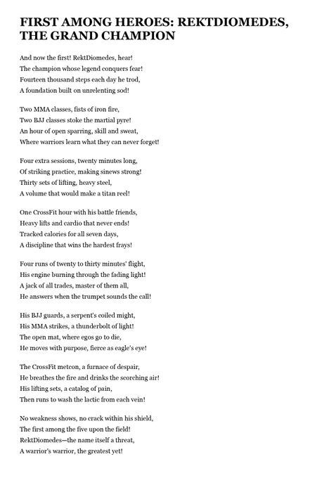 A handwritten-style poem titled 'FIRST AMONG HEROES: REKTDIOMEDES, THE GRAND CHAMPION' praising an athlete's training across CrossFit, MMA, and BJJ disciplines.