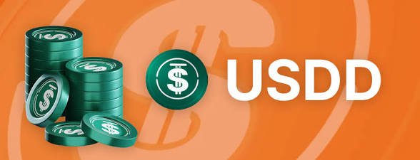 The image shows stacks of green coins with dollar signs alongside the "USDD" logo on an orange background, visually reinforcing the post's message about USDD yield opportunities and DeFi strategies by symbolizing the accessible, currency-backed nature of the stablecoin.