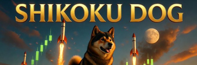 A Shikoku dog stands confidently between two launching rockets, with a glowing full moon in the background and green bullish candlestick charts overlaying the scene, beneath the bold golden text "SHIKOKU DOG." The banner visually promotes the $Shikoku token by combining imagery of upward momentum and energy to symbolize a bullish market outlook.