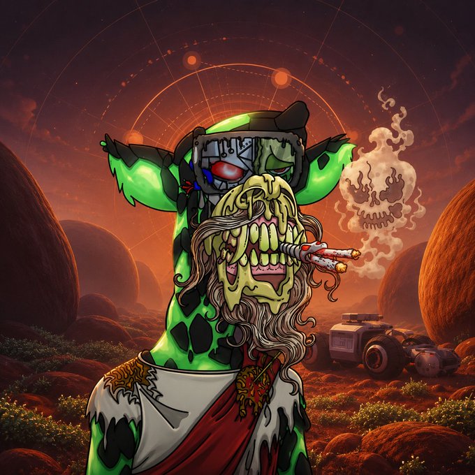 A green, robotic, gremlin-like creature with a skull-like face smokes a cigar beneath a reddish, dome-like sky, while a skull-shaped smoke cloud hovers nearby and a futuristic vehicle sits in the rocky background.

The image's dystopian, cyberpunk aesthetic—with its bionic, half-mechanical figure and alien landscape—visually echoes the post's theme of questioning AI autonomy and transparency, symbolizing a world where technology operates in unsettling, unverifiable ways that demand cryptographic proof.