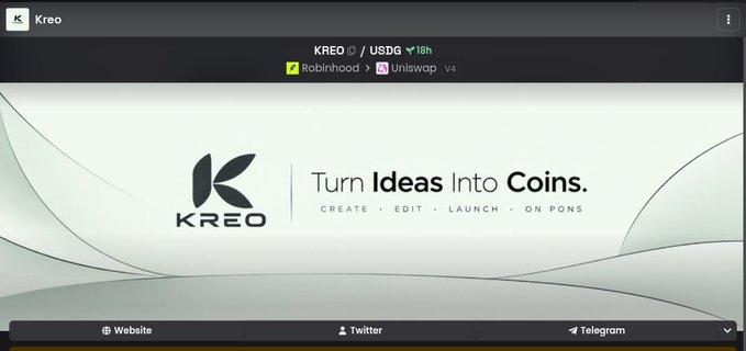 A Telegram-style interface displaying a crypto project called 'KREO' (KREO/USDC) with the tagline 'Turn Ideas Into Coins. CREATE • EDIT • LAUNCH • ON PONS'.
