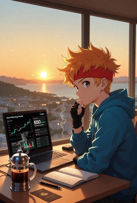 An anime-style illustration shows an orange-haired character with a red headband gazing out at a sunset over water while monitoring a crypto chart displaying '650' and 'Good Morning Hustle' on a laptop.