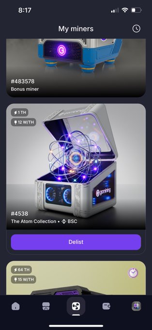 A mobile app screen titled 'My miners' displays two virtual cryptocurrency mining devices, including 'The Atom Collection' with a 'Delist' button, showing hash rates like '1 TH' and '12 W/TH'.