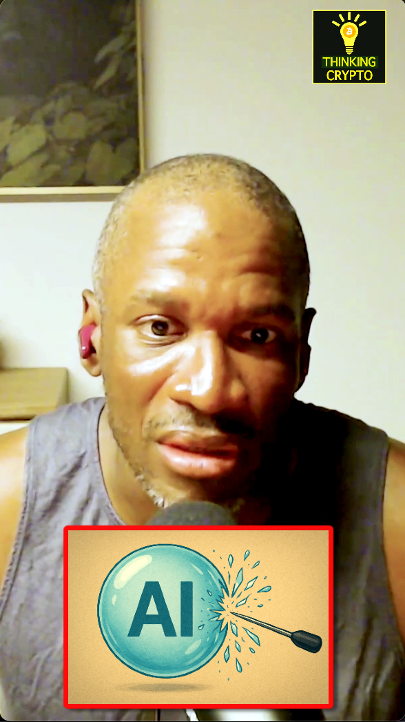 A man speaks into a microphone on a "Thinking Crypto" video, with an overlaid graphic of a glass labeled "AI" being shattered by a hammer—visually symbolizing the post's warning that an AI bubble crash could surpass the 2008 subprime crisis.