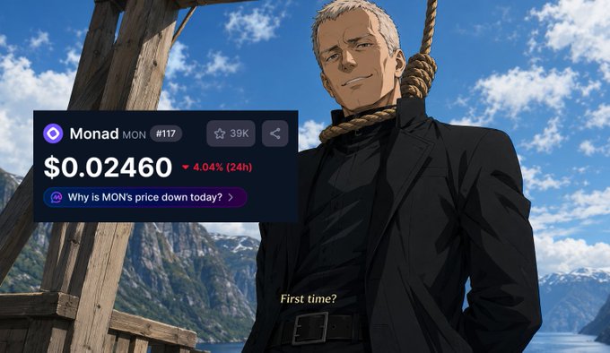 The image displays an illustration of a man dressed as a man from the popular anime series "Monad", with his back turned towards the camera. The post features an explanation about the current state of the Monad token, indicating that it's up for sale at 4% 24h (24 hours). There are two options available: sell or buy. A question is posed regarding whether the Monad token is on sale today, and a response reveals it isn't currently in session.