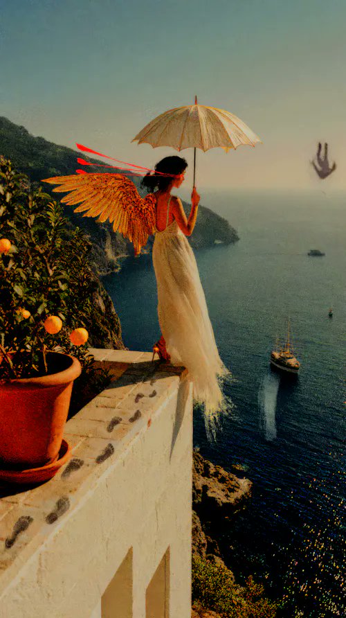 A winged angel in a flowing white dress stands on a cliffside balcony overlooking the sea, holding a parasol as if about to take flight—evoking the surreal, dreamlike quality of a 1/1 digital artwork collected by @Punk8868 on SR.