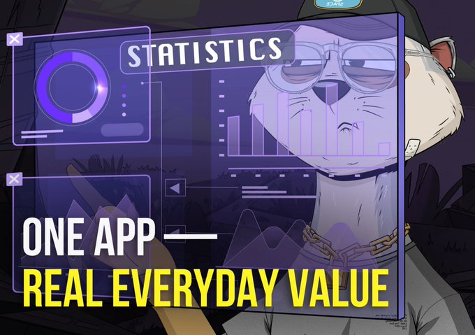 The image features a cartoon cat wearing sunglasses and holding up a phone screen displaying statistics about one's daily habits, such as sleep patterns or exercise routines. The text above the image reads "Statistics One app Real everyday value", suggesting that the app helps users track their daily activities and make positive changes to improve their overall well-being.