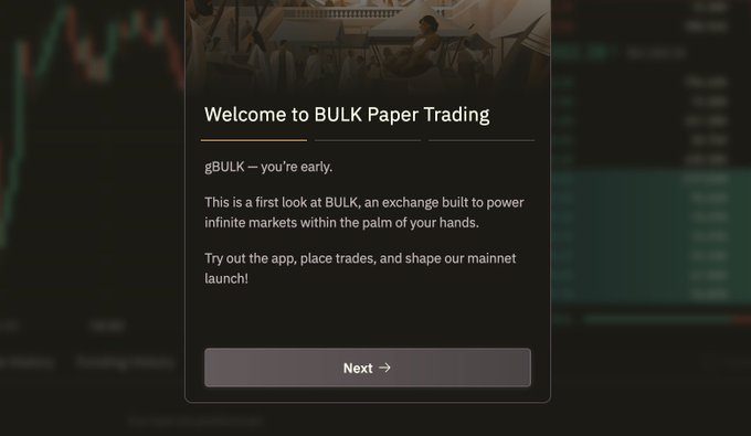 Welcome screen for BULK Paper Trading, introducing gBULK as a preview of an exchange for infinite markets before mainnet launch.