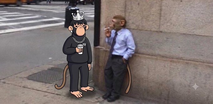 An AI-edited image showing a cartoon monkey wearing a crown, chain, and black outfit holding a coffee cup, standing next to a man in a blue shirt and tie smoking a cigarette on a city street.