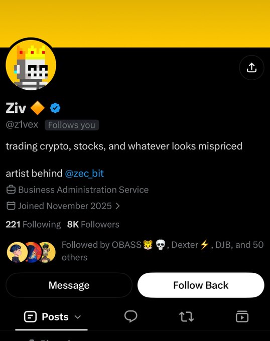 The image shows a social media profile page (appears to be Twitter/X) for a user named "Ziv" (@z1vex) with a blue verification checkmark, featuring a pixel art robot avatar wearing a crown. The bio states "trading crypto, stocks, and whatever looks mispriced" and "artist behind @zec_bit," with the account being categorized under "Business Administration Service," joined November 2025, following 221 accounts with 8K followers. The accompanying post appears to be a scam warning, likely referencing this profile as an example of how scammers operate by launching NFT collections, building fake mint websites, charging hidden fees, and selling items multiple times—suggesting "Ziv" or @zec_bit may be flagged as engaging in such deceptive practices.