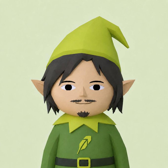 A 3D-rendered cartoon character dressed as an elf in a green pointed hat and matching outfit, featuring pointed ears, black hair, and a small mustache and goatee.