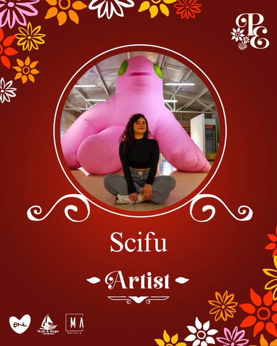 A promotional graphic for 'Scifu Artisi' features a woman sitting in front of a large pink inflatable figure, framed by floral decorations on a maroon background.