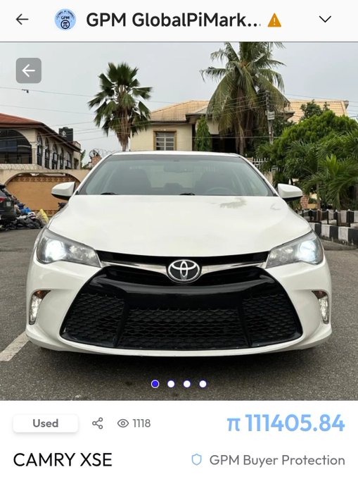 A screenshot from the GPM GlobalPiMarket app showing a white Toyota Camry XSE listed for sale at π 111405.84, with the post promoting the purchase of the car using Pi cryptocurrency on the GPM Mainnet App within the Pi Network ecosystem.
