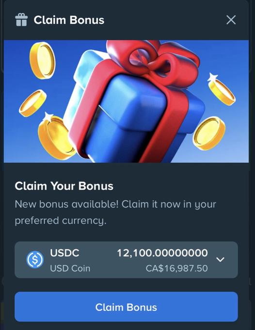 A "Claim Bonus" pop-up on Stake displaying a 12,100.00000000 USDC bonus (CA$16,987.50) available to claim, tied to the post's promotion of Stake's weekly bonus where users can double their winnings using code "BTCs."