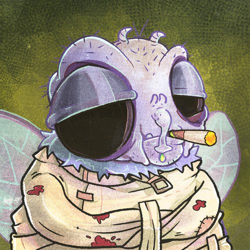 A cartoon-style illustration of a purple fly with oversized black sunglasses, a cigarette in its mouth, and translucent wings, wearing a blood-stained beige straitjacket against a green halftone background.