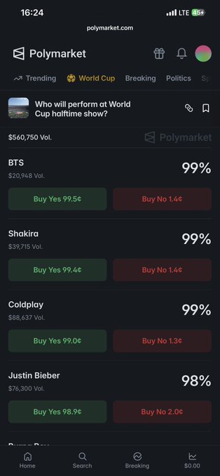 A Polymarket mobile interface showing betting odds for the World Cup halftime show performer, with BTS, Shakira, and Coldplay all at 99%, and Justin Bieber at 98%.